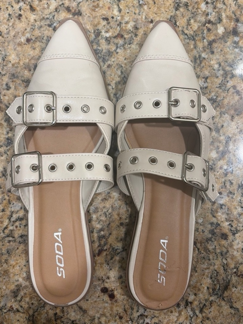Soda Women's Cream Pointed-Toe Double Buckle Mules